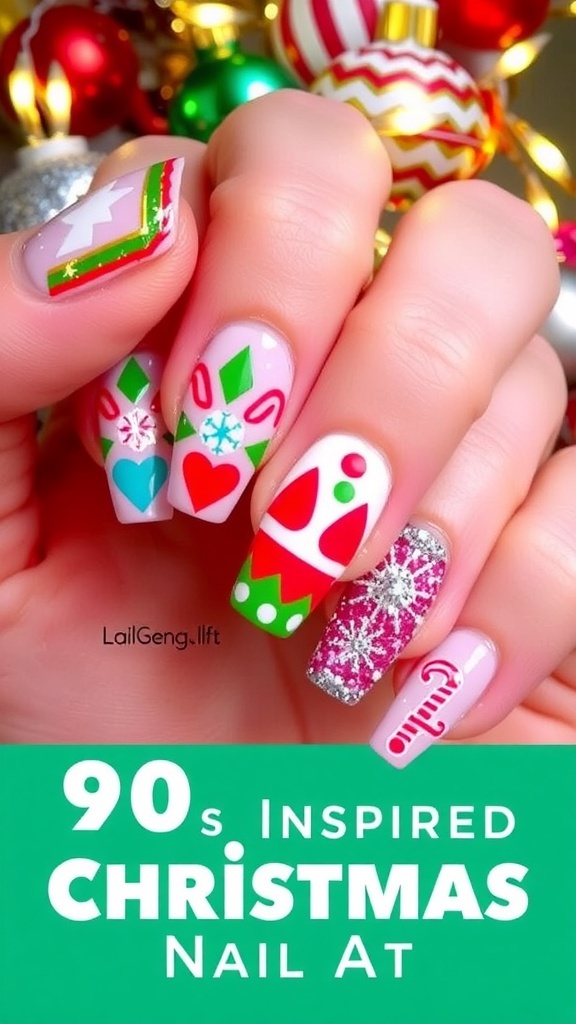 Colorful 90s inspired Christmas nail art with geometric patterns and festive designs.